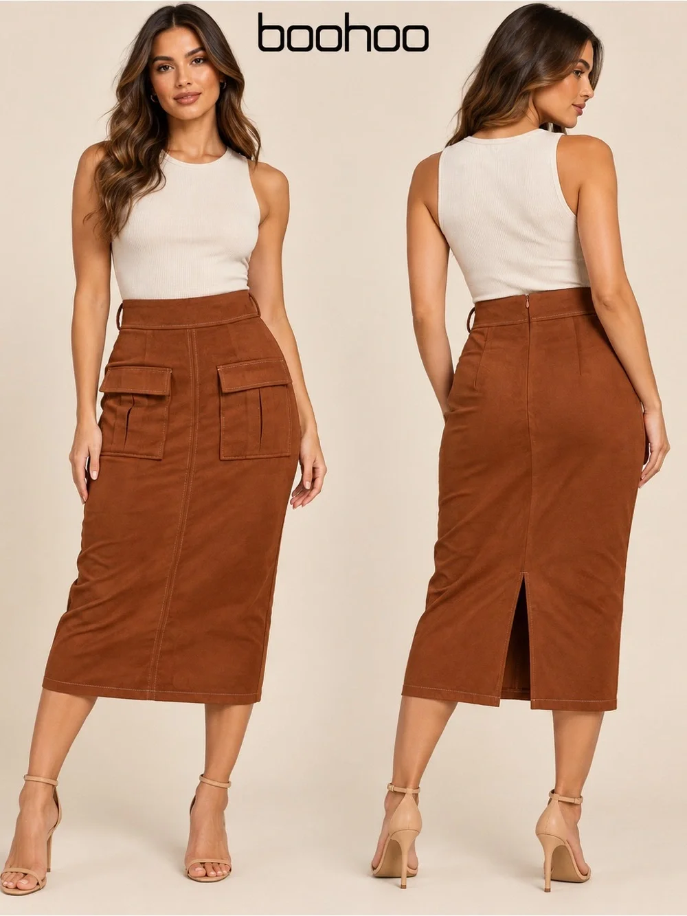 Boohoo Rust Brown Cargo Pocket Midi Pencil Skirt Size 6